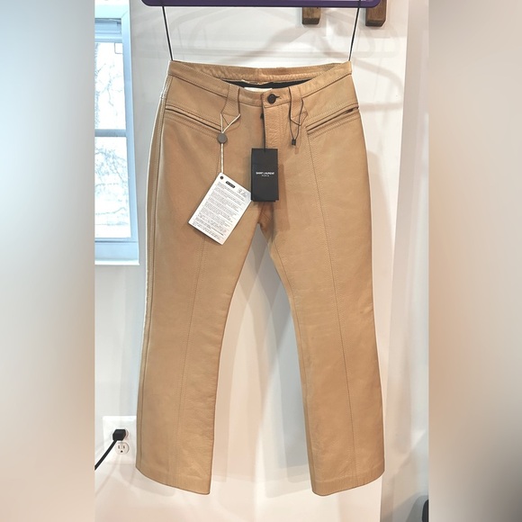 NWT Saint Laurent Leather Kick Flare Pants Beige FR36 - Picture 1 of 16
